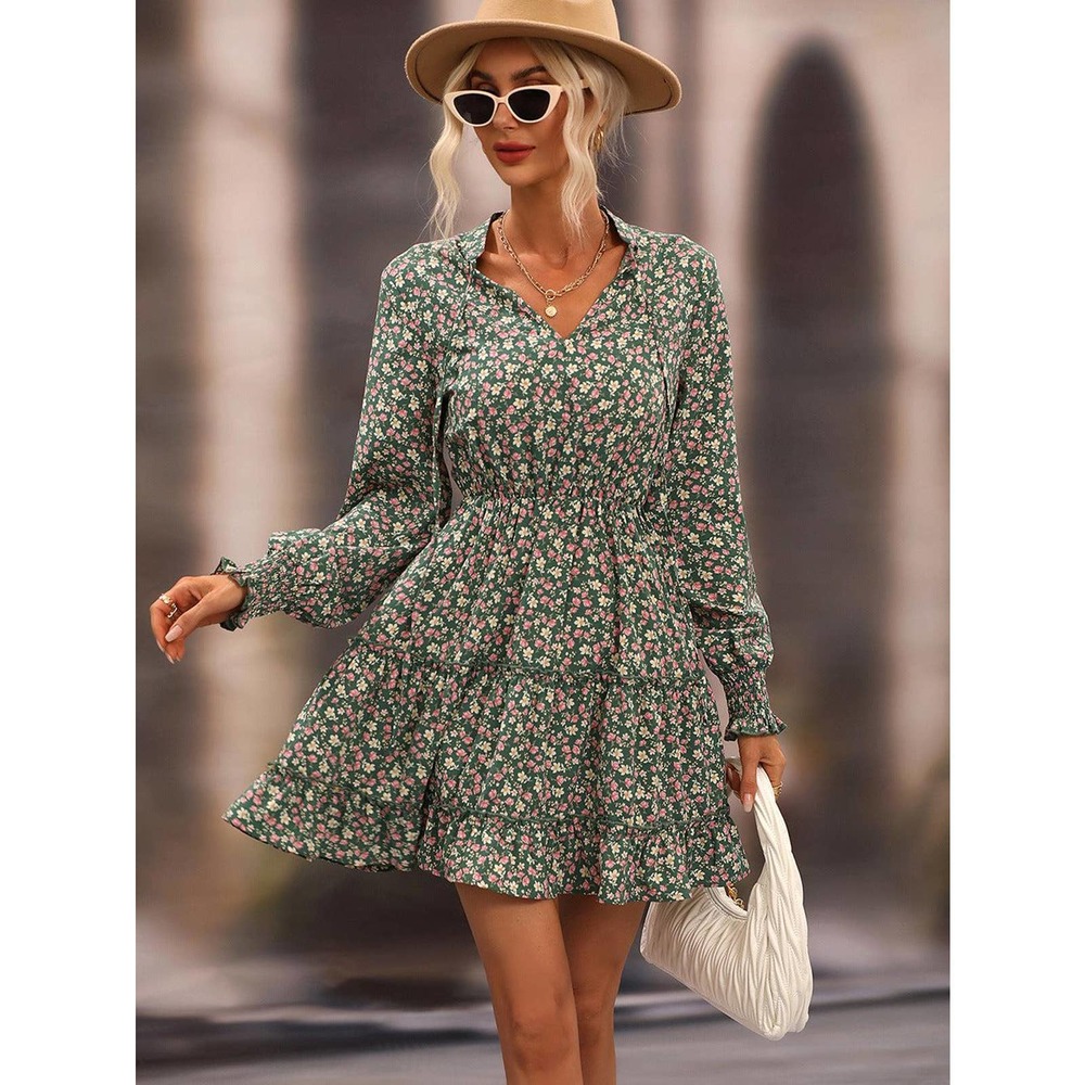 Ditsy Floral Frill Trim Tie-Neck Dress